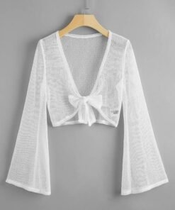 Bell Sleeve Knot Front Crochet Kimono