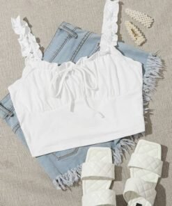 Frilled Strap Tie Front Ruched Bust Crop Top