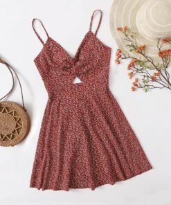 Twist Front Tie Back Ditsy Floral Print Peekaboo Cami Dress