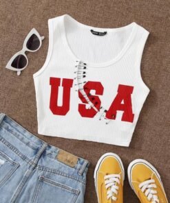 Pin Front Letter Graphic Crop Tank Top