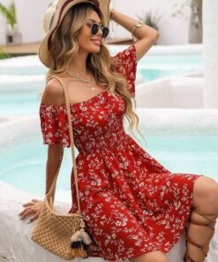 Floral Off Shoulder Shirred Waist Dress