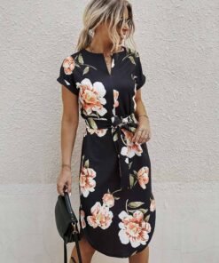 Notched Neck Floral Print Belted Dress