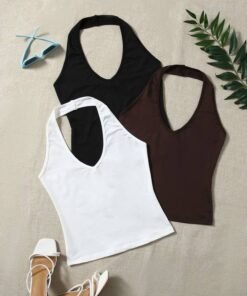 3pcs Solid Backless Halter Top