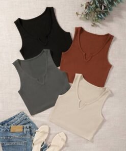 4pcs Solid Notched Tank Top