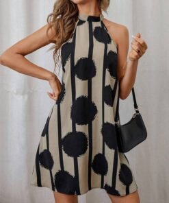 Striped & Polka Dot Print Tie Back Halter Dress