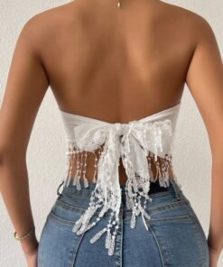 Jacquard Guipure Lace Fringe Hem Tie Back Crop Tube Top