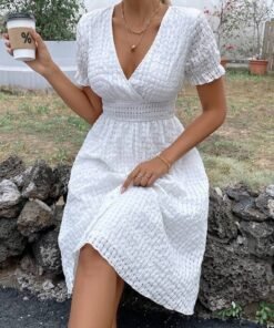 Gingham Puff Sleeve Shirred Waist Dress