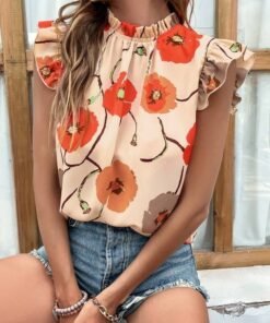 Floral Print Stand Collar Flutter Sleeve Blouse