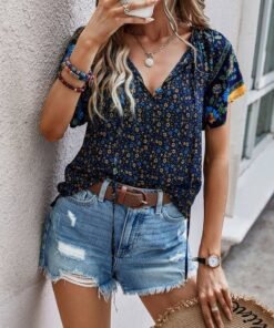 Ditsy Floral Tie Neck Dolman Sleeve Blouse