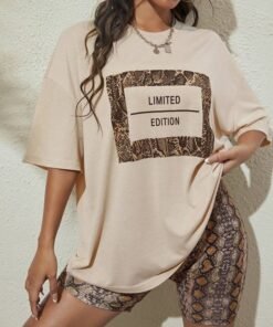 Letter & Snakeskin Print Drop Shoulder Tee & Biker Shorts