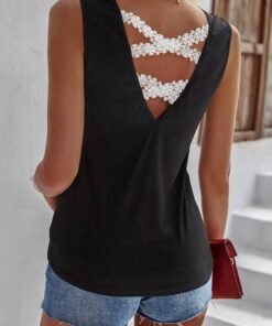 Guipure Lace Panel Crisscross Back Tank Top