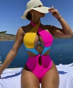 Colorblock Cut Out Tie Back Underwire One Piece Swimsuit